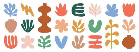 ensemble de abstrait biologique formes inspiré par matisse. végétaux, corail, feuille, algues, vase dans papier Couper collage style. contemporain esthétique vecteur élément pour logo, décoration, imprimer, couverture, fond d'écran.