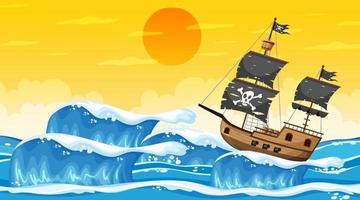 océan avec bateau pirate à la scène du coucher du soleil en style cartoon vecteur