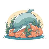 mignonne dessin animé tueur baleine sur le corail récif. vecteur illustration.