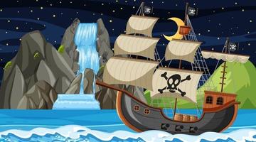 océan avec bateau pirate à la scène de nuit en style cartoon vecteur