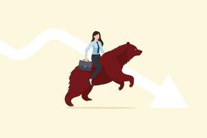 femme d'affaires équitation une rouge ours et rouge vers le bas flèches marché graphique s'orienter. ours ou baissier marché tendance dans actions, crypto monnaie, commerce échange, rouge vers le bas flèches graphique, vecteur illustration.