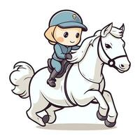 mignonne peu garçon équitation une blanc cheval. dessin animé vecteur illustration.