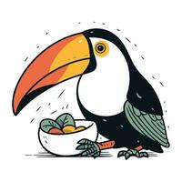 toucan avec bol de aliments. main tiré vecteur illustration.