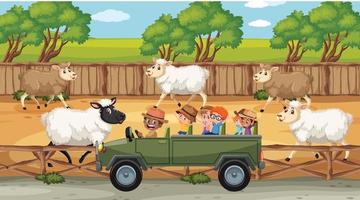 scènes de safari avec de nombreux moutons et personnages de dessins animés pour enfants vecteur