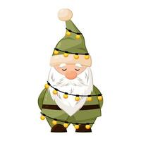 Noël gnome dans une vert costume avec une guirlande. gnome dans plat style sur une blanc Contexte. vacances personnage, Noël, Nouveau an. vecteur