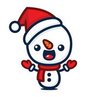 mignonne et kawaii style Noël bonhomme de neige dessin animé personnage avec Père Noël chapeau vecteur