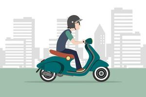 une homme portant casque équitation une moteur scooter sur le route avec ville Contexte. dessin animé vecteur illustration.