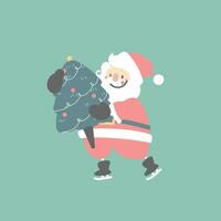 joyeux Noël et content Nouveau année avec mignonne Père Noël claus en portant Noël arbre pin dans le hiver saison vert arrière-plan, plat vecteur illustration dessin animé personnage costume conception