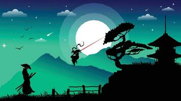 samouraï combat silhouette fond d'écran 4k bureau. samouraï combat Contexte. cool vibe et plein lune. paysage vue illustration vecteur Contexte.