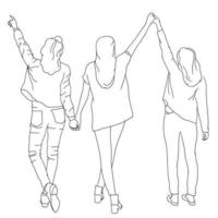 pages à colorier - trois filles tissant les mains en l'air, vecteur