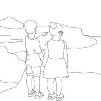 pages à colorier - deux enfants pointant du doigt quelque chose sur la colline, vecteur