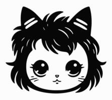 mignonne chat visage isolé sur blanc Contexte. dessin animé minou diriger, vecteur icône. silhouette noir logo. main tiré esquisser chaton personnage visage dans anime Japonais style
