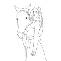 pages à colorier - fille avec le cheval en pose debout, vecteur