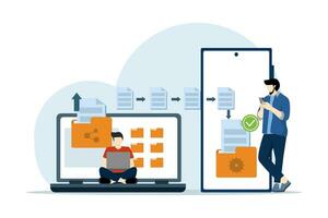 concept de fichier transfert, Les données sauvegarde, document stockage, nuage technologie, télécharger et télécharger, affaires personnages transfert des dossiers entre dispositifs, plat vecteur illustration sur Contexte.
