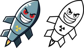 dessin animé nucléaire missile avec un mal sourire vecteur illustration, dessin animé nucléaire missile mascotte personnage coloré et noir et blanc ligne art Stock vecteur image