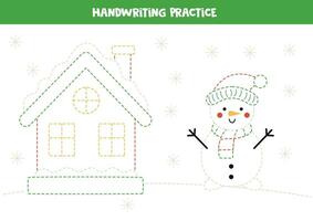 tracé lignes pour des gamins avec mignonne hiver maison et bonhomme de neige. l'écriture entraine toi. vecteur