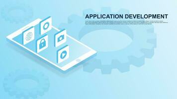 application développement avec isométrique téléphone intelligent et 3d engrenage. numérique la mise en réseau et la communication La technologie concept Contexte. vecteur illustration.