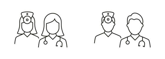 femme et homme médecins équipe noir ligne icône ensemble. médical spécialistes groupe pictogramme. soins de santé professionnel infirmière, hôpital Personnel symbole collection. modifiable accident vasculaire cérébral. isolé vecteur illustration.