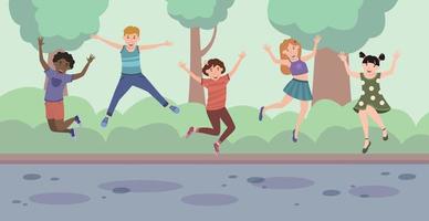 cinq enfants heureux sautant de joie sur le fond de la forêt vecteur