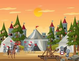camp militaire médiéval avec tentes et guerriers vecteur