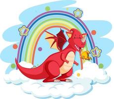 adorable dragon rouge sur le nuage avec arc-en-ciel vecteur