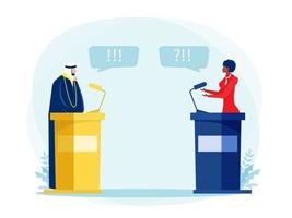 l'arabe musulman avec une femme noire parle d'un débat ou d'une conférence de politiciens vecteur