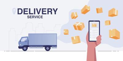 concept de camion de livraison. application de service de livraison rapide sur smartphone. vecteur