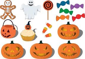 citrouilles d'halloween, bonbons et objets collection vector illustration