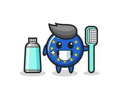 illustration de mascotte de l'insigne du drapeau de l'europe avec une brosse à dents vecteur