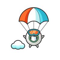 La bande dessinée de mascotte de globe oculaire saute en parachute avec un geste heureux vecteur