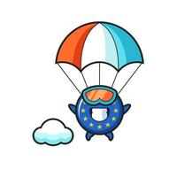 La bande dessinée de mascotte d'insigne de drapeau de l'europe saute en parachute avec un geste heureux vecteur