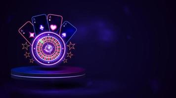 podium avec roulette de casino brillant néon avec cartes à jouer vecteur