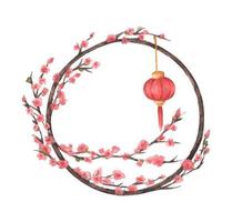 cadre rond chinois traditionnel. lanterne et arbre de sakura. vecteur