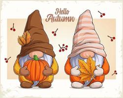 gnomes dessinés à la main dans un déguisement d'automne tenant une citrouille et une feuille d'érable vecteur