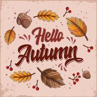 lettrage d'automne bonjour dessiné à la main avec des feuilles et des noix qui tombent vecteur