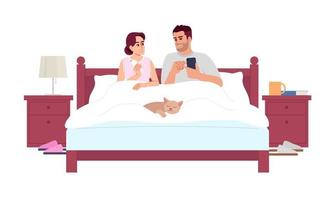 Couple au lit à l'aide d'illustration vectorielle de couleur rvb semi-plat smartphone vecteur