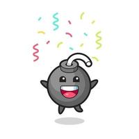 mascotte de bombe heureuse sautant pour félicitation avec des confettis de couleur vecteur