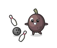 dessin animé de caractère d'olive noire joue au bowling vecteur