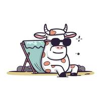 mignonne vache dans des lunettes de soleil séance sur le plage. vecteur illustration.