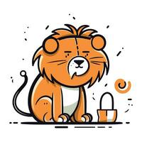 mignonne dessin animé Lion avec une tasse de café. vecteur illustration.