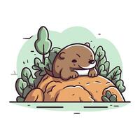 mignonne dessin animé loutre sur une Roche dans le forêt. vecteur illustration.