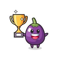 l'illustration de dessin animé d'aubergine est heureuse de tenir le trophée d'or vecteur