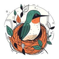 main tiré vecteur illustration de une oiseau dans une nid avec feuilles.