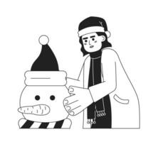 milieu est femme fabrication bonhomme de neige noir et blanc 2d dessin animé personnage. portant Père Noël chapeau arabe femelle isolé vecteur contour personne. période de Noël décoration monochromatique plat place illustration