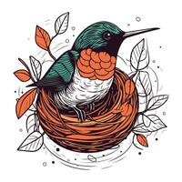 main tiré vecteur illustration de une oiseau dans une nid avec feuilles.