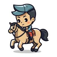 mignonne garçon équitation une cheval vecteur dessin animé illustration
