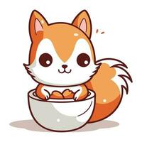 mignonne écureuil dans une bol plein de nourriture dessin animé vecteur illustration.