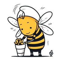 abeille avec une pot de fleurs. vecteur illustration dans dessin animé style.