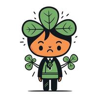 dessin animé homme avec trèfle feuilles. st. patricks journée vecteur illustration.