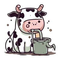 mignonne dessin animé vache en buvant Lait de une seau. vecteur illustration.